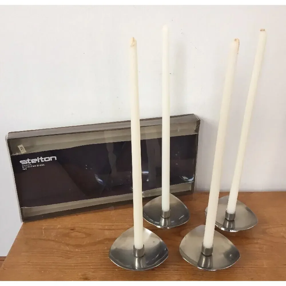 Set Vtg Mid Century Stelton Stainless Danish Modern Floral Taper Candles Holders